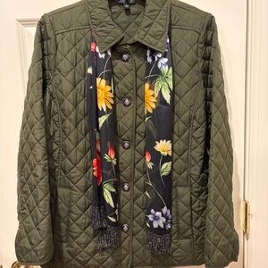 Jones New York Green Quilted Utility Jacket with matching scarf, size Large